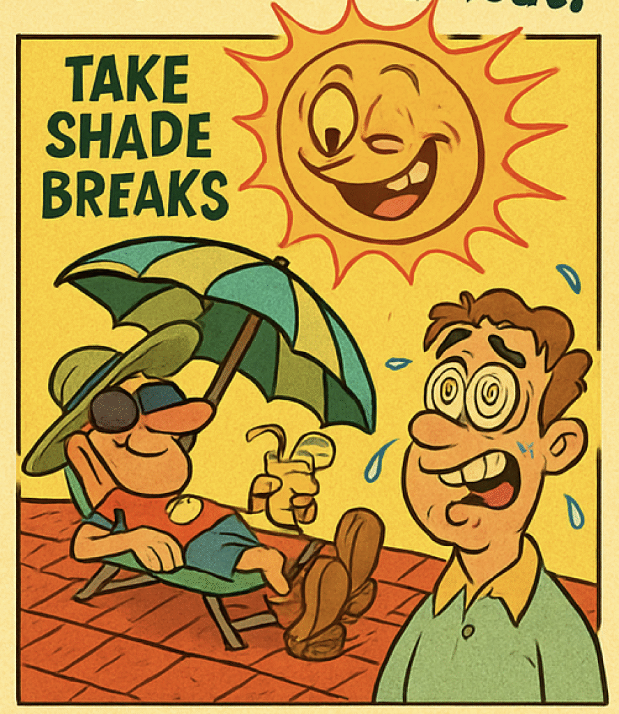 Roofers taking a shade break under an umbrella to prevent overheating while working in the Florida sun. Salvo & Sons Roofing.